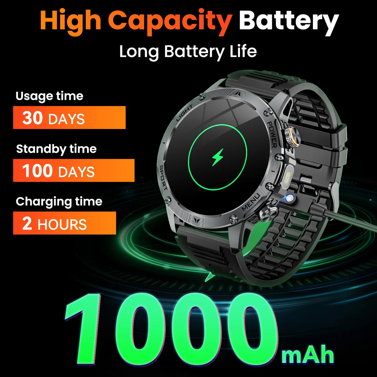 Sport-Smartwatch für Herren mit rundem HD-Touchdisplay, Bluetooth-Telefonie und Silikonarmband
