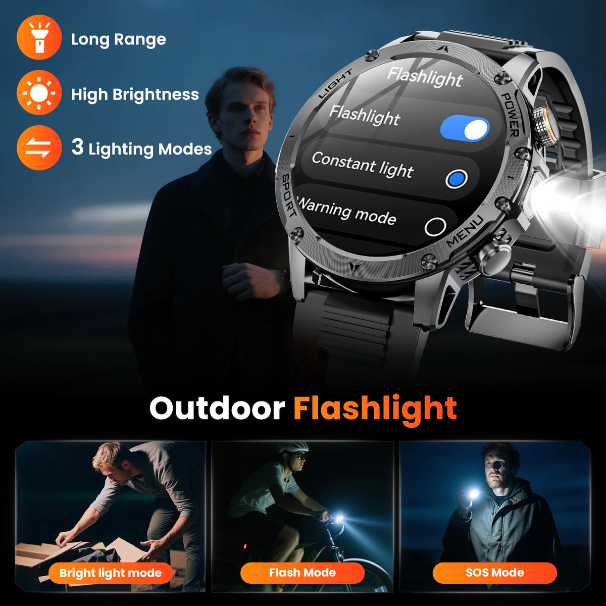 Sport-Smartwatch für Herren mit rundem HD-Touchdisplay, Bluetooth-Telefonie und Silikonarmband