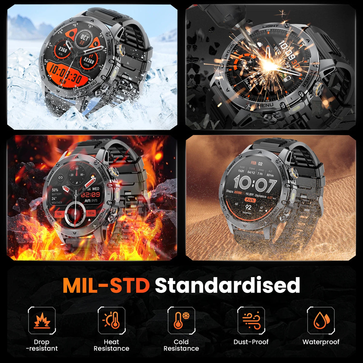Sport-Smartwatch für Herren mit rundem HD-Touchdisplay, Bluetooth-Telefonie und Silikonarmband