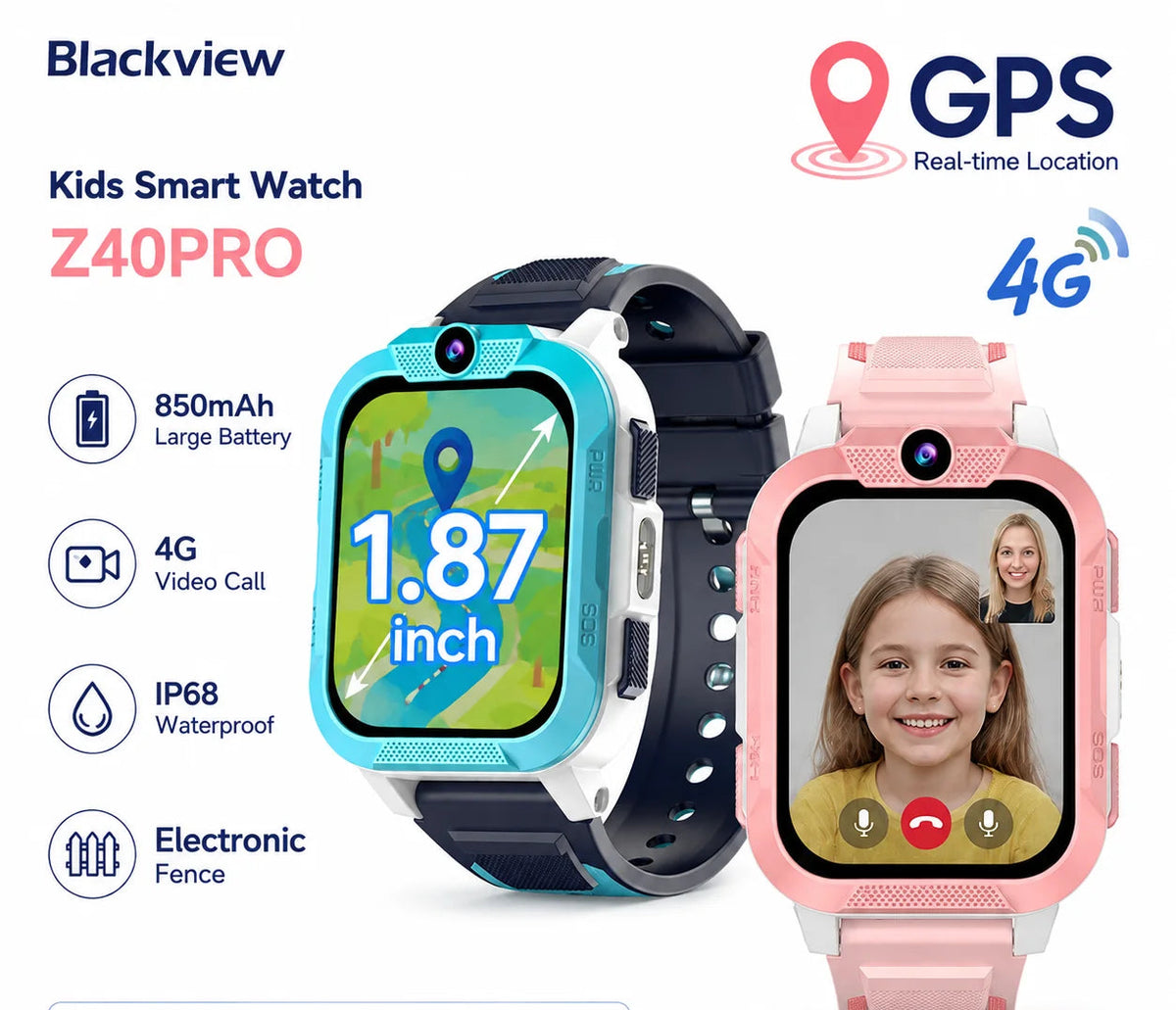 Blackview Z40 Pro 4G Kinder-Smartwatch mit GPS-Ortung und 1,85-Zoll-TFT-Display