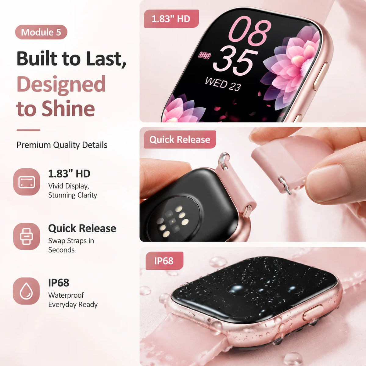 Modische Damen-Smartwatch mit 1,83 Zoll Display, Fitness-Tracker und Wechselarmbändern