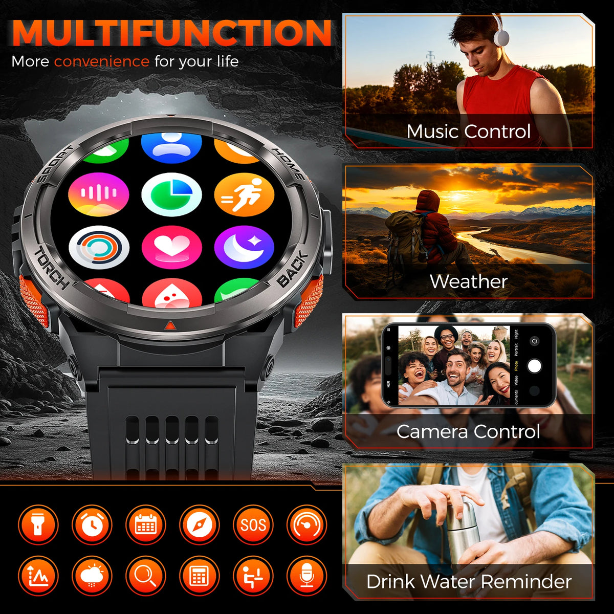 Herren-Smartwatch mit 1,45 Zoll HD-Display, LED-Taschenlampe und Lederarmband
