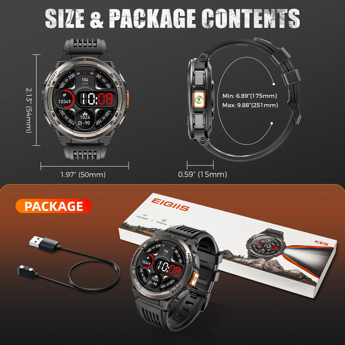 Herren-Smartwatch mit 1,45 Zoll HD-Display, LED-Taschenlampe und Lederarmband