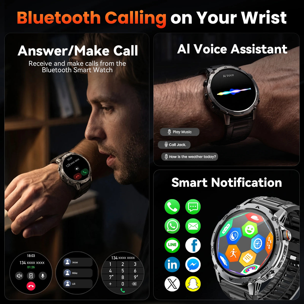 Outdoor-Smartwatch für Herren – 1,7″ HD-Display, 1100 mAh, Bluetooth-Anrufe & LED-Taschenlampe