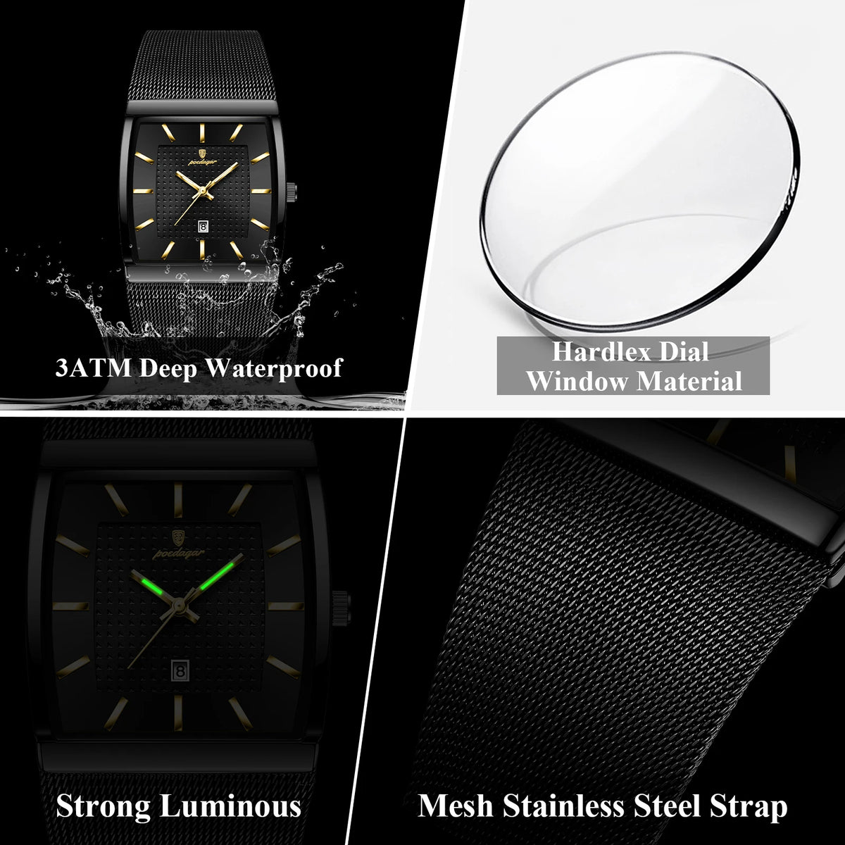 POEDAGAR Herrenuhr – Edelstahlarmband, wasserdicht, Datumsanzeige, Leuchtzeiger – Produktfoto