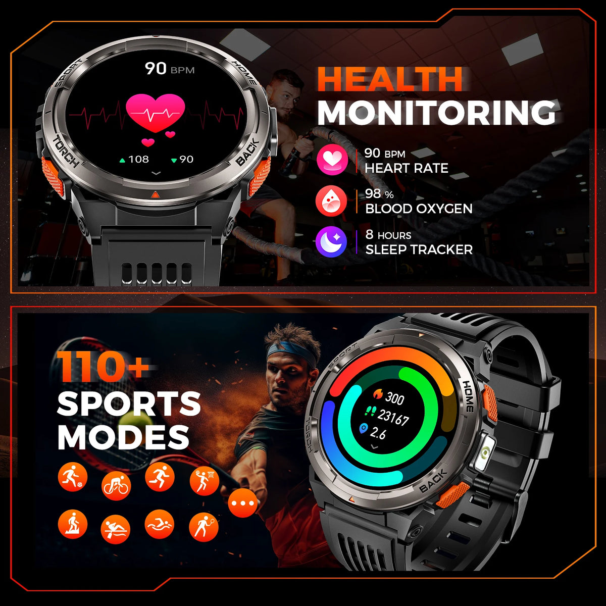 Herren-Smartwatch mit 1,45 Zoll HD-Display, LED-Taschenlampe und Lederarmband