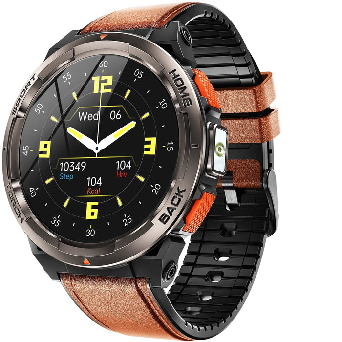 Herren-Smartwatch mit 1,45 Zoll HD-Display, LED-Taschenlampe und Lederarmband