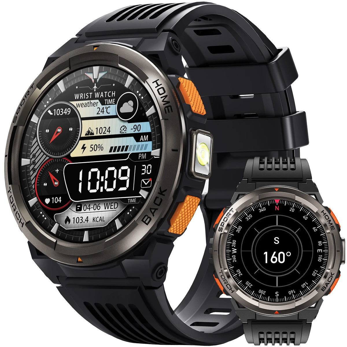 Herren-Smartwatch mit 1,45 Zoll HD-Display, LED-Taschenlampe und Lederarmband