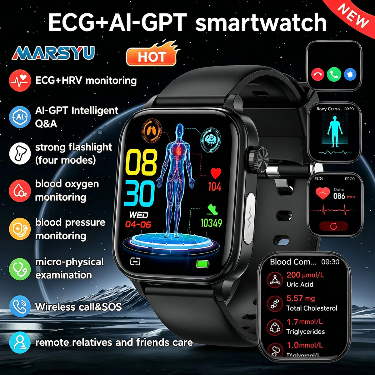 Smartwatch mit 1,96 Zoll AMOLED Display und EKG-, HRV- und SpO2-Funktionen
