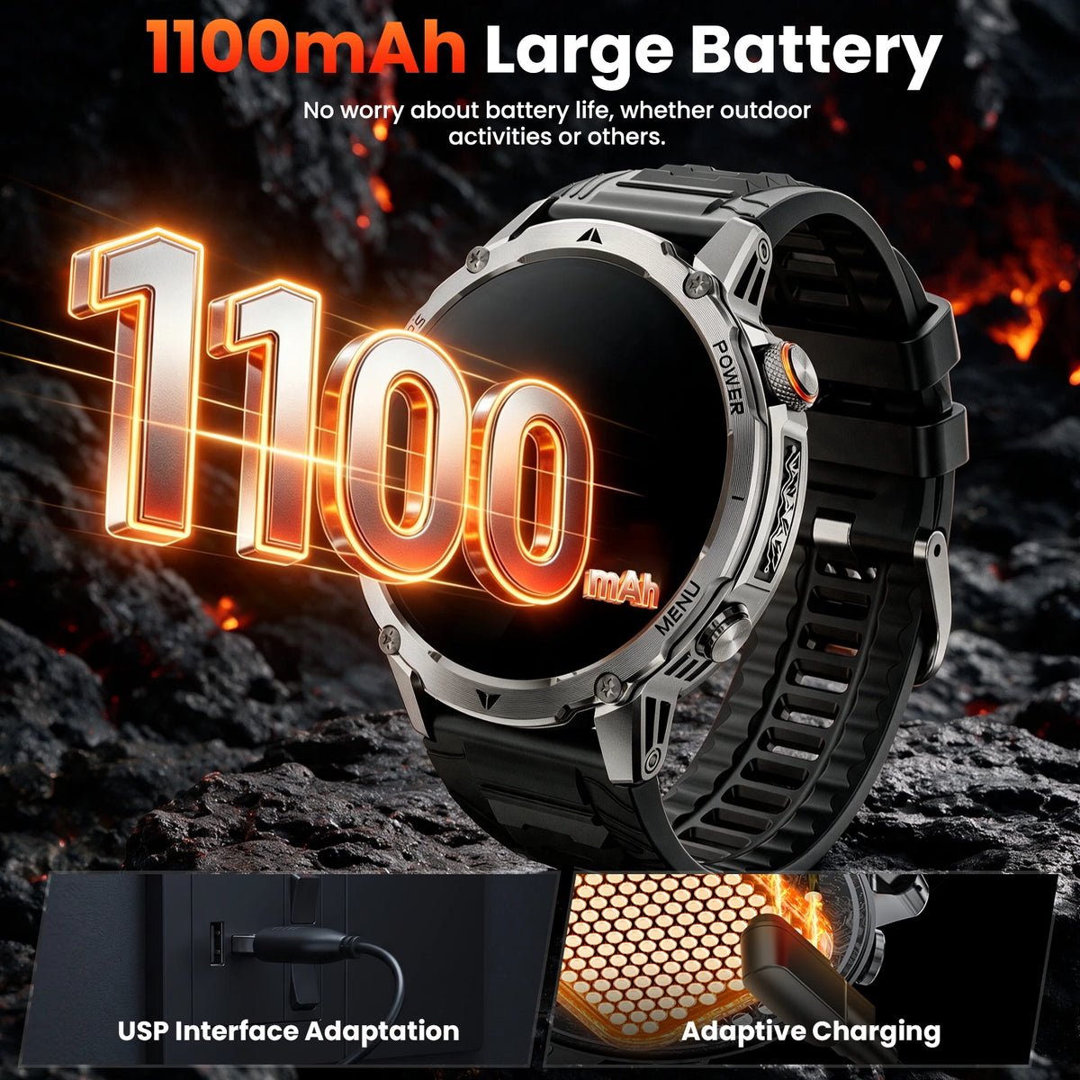 Outdoor-Smartwatch für Herren – 1,7″ HD-Display, 1100 mAh, Bluetooth-Anrufe & LED-Taschenlampe