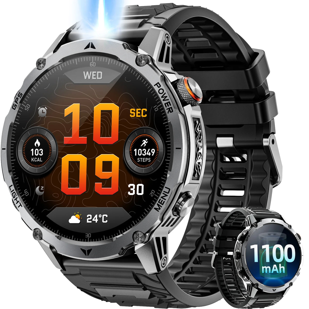 Outdoor-Smartwatch für Herren – 1,7″ HD-Display, 1100 mAh, Bluetooth-Anrufe & LED-Taschenlampe