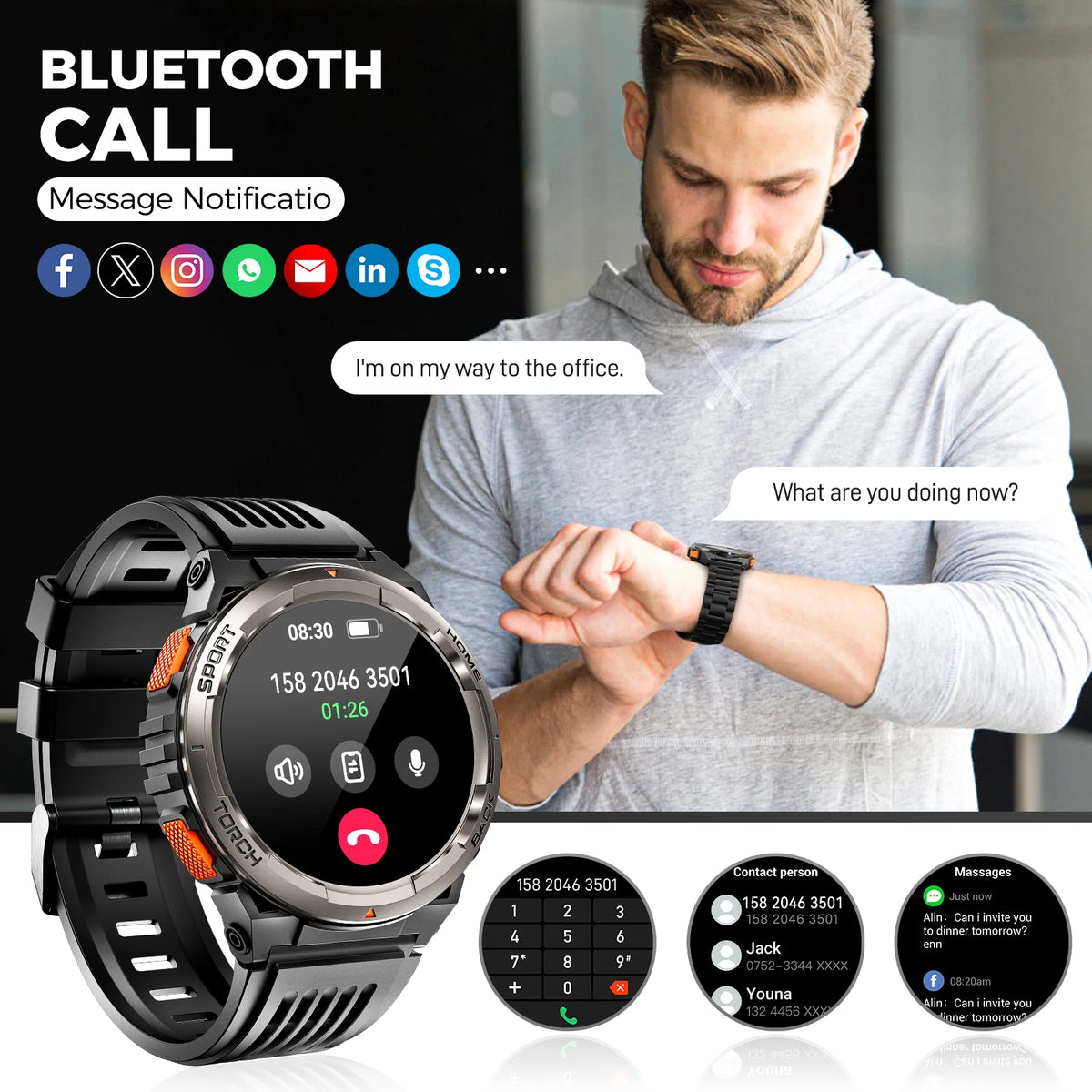 Herren-Smartwatch mit 1,45 Zoll HD-Display, LED-Taschenlampe und Lederarmband