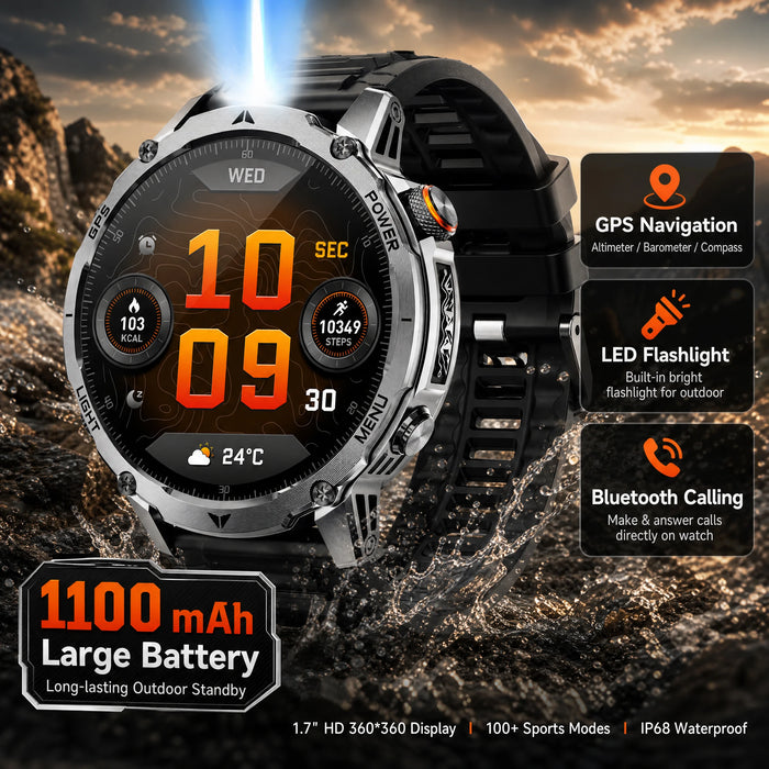 Outdoor-Smartwatch für Herren – 1,7″ HD-Display, 1100 mAh, Bluetooth-Anrufe & LED-Taschenlampe