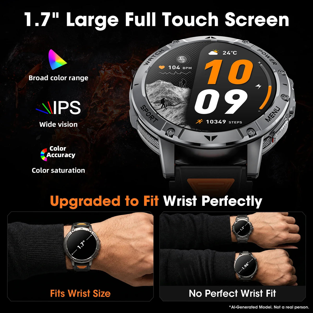 Robuste AK112 Outdoor-Smartwatch für Herren mit 1,7 Zoll Display, Bluetooth 5.2 und IP68